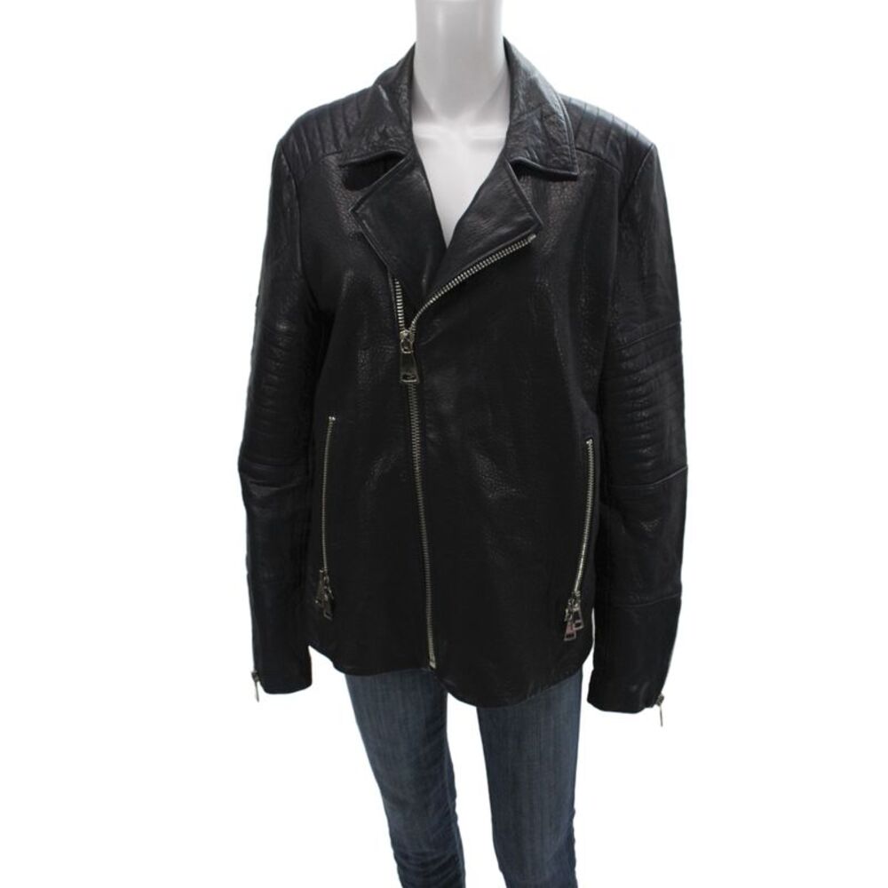 Designer Womens Leather Biker Jacket Black Zip Long Sleeve Size 4